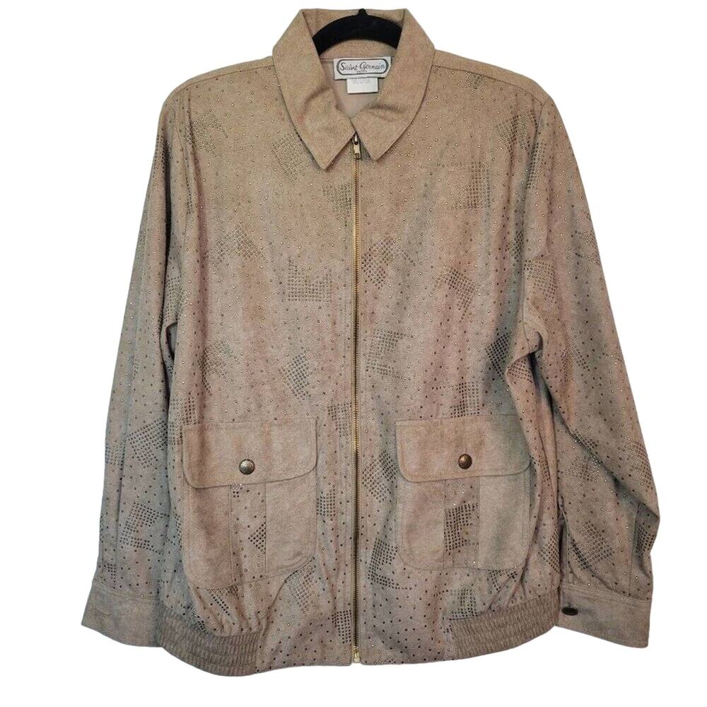 Vintage Saint Germain Paris Womens S Tan Faux Suede Studded Lightweight Jacket